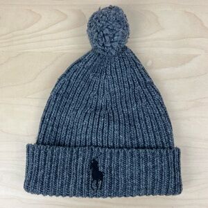 Polo Ralph Lauren Unisex Winter Beanie Pom Hat Gray Ribbed Black Pony Logo